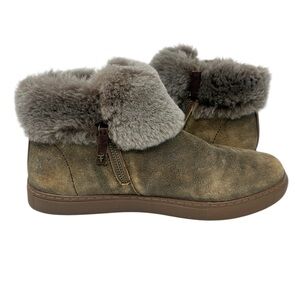 H.S. Trask Lexi booties distressed olive suede with a real shearling
